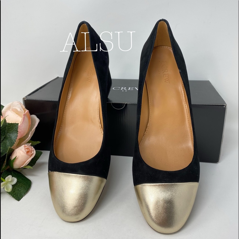 J.Crew Bryn midblock heels Metallic Captoe Suede - Picture 3 of 8